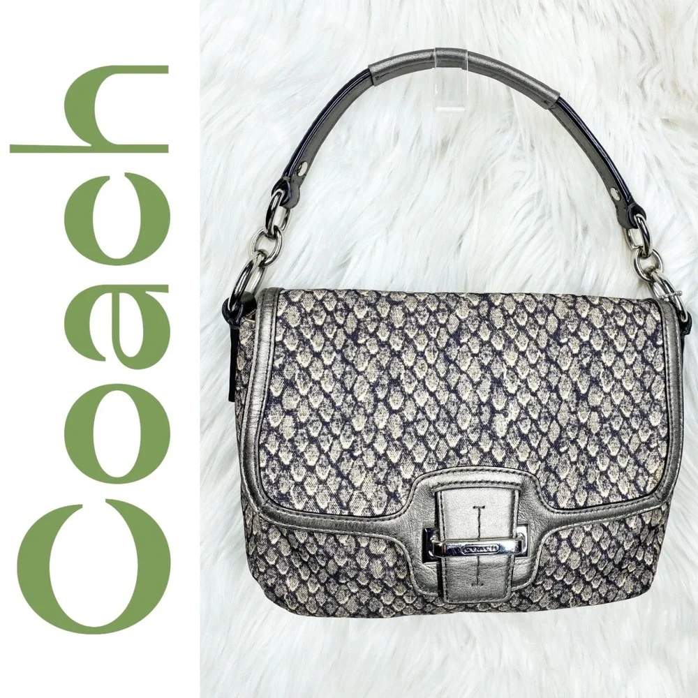 Coach Snakeskin Print Canvas Metallic Leather Shoulder Crossbody Satchel‎ Gray
